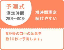 予測式 測定時間 25秒～90秒 短時間測定 続けやすい 5秒後の口内の体温を数10秒で予測します。
