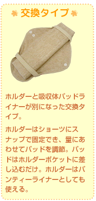 ホルダーと吸収体パッドライナーが別になった交換タイプ。 ホルダーはショーツにスナップで固定でき、量にあわせてパッドを調節。パッドはホルダーポケットに差し込むだけ。ホルダーはパンティーライナーとしても使える。 